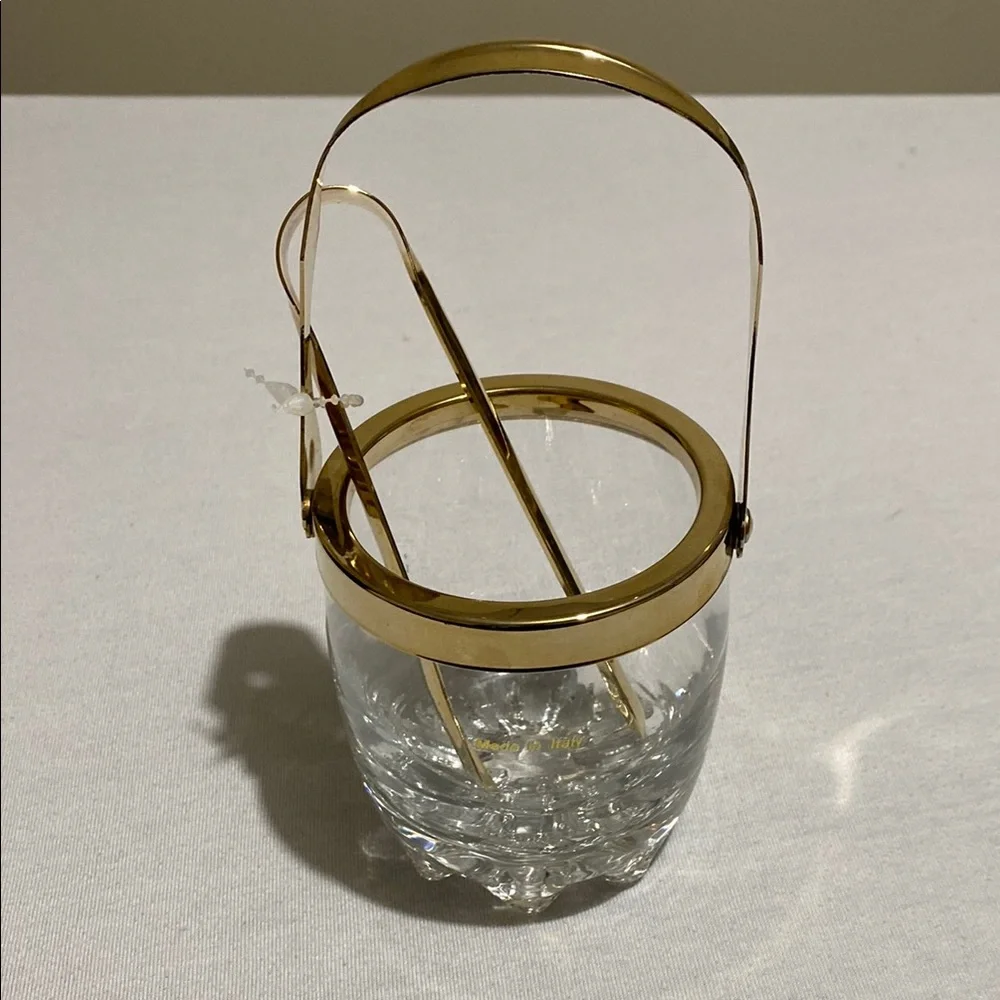 Small Crystal Ice Bucket  with Gold Color Metal Trim and  Ice Tong Made in Italy - Picture 2 of 10